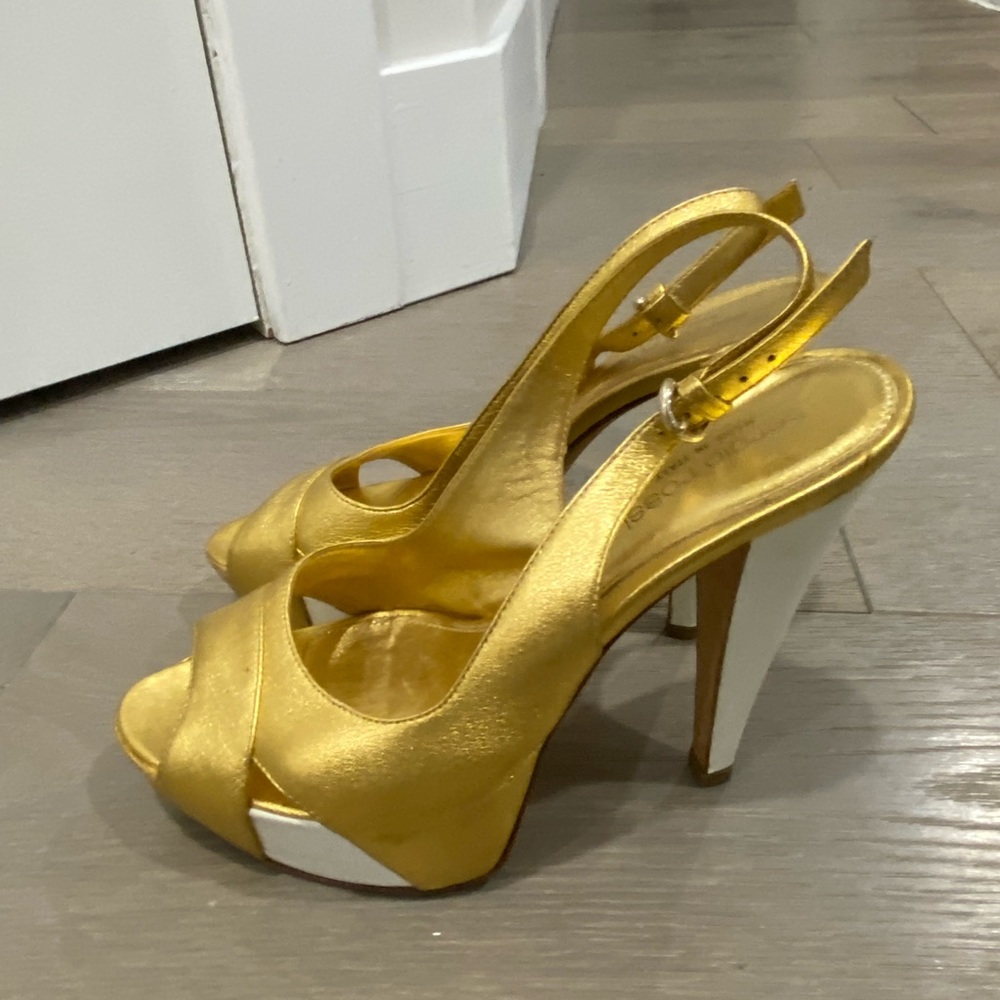 Sergio Rossi gold and white sling back pumps